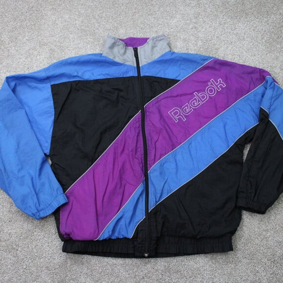 VTG Reebok Windbreaker Mens Medium Purple/Blue/Black Spell Out Jacket Coat - Picture 1 of 14